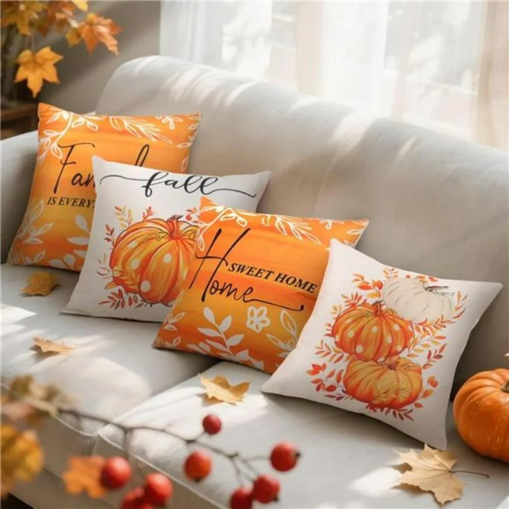 Fall Pumpkin Pillow Covers 18x18 Set of 4 Linen Throw Cases Autumn Thanksgiving
